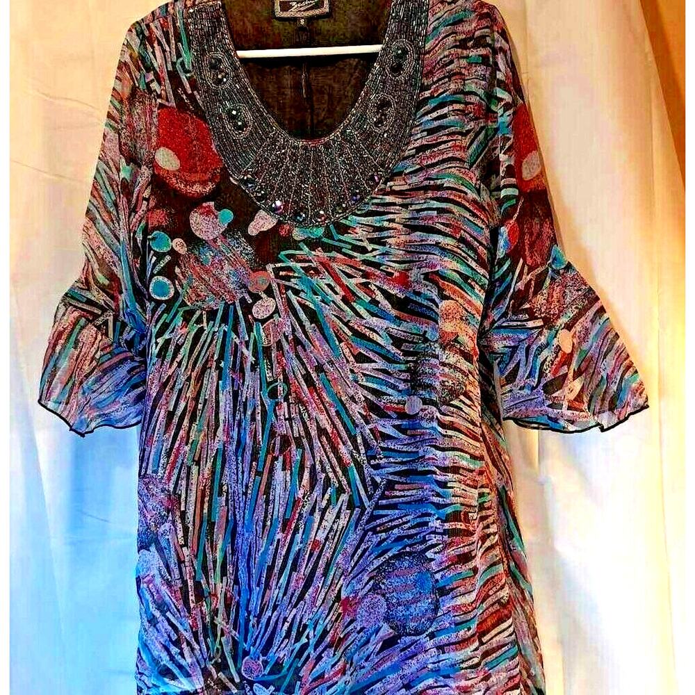 Zashi Women's Multicolor Dress - Geometric Embellished Flounce Sleeve S New